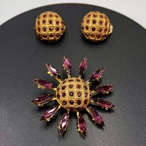 Robert Rose Vintage Dark Purple Rhinestone Brooch Round Clip Earring Demi-Parure